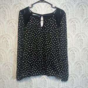 Maurices Womens Black White Polka Dot Lace Shoulder Keyhole Blouse Shirt Medium